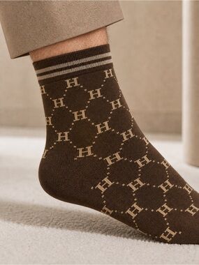 Hermes Brown Logo Pattern Dress Socks